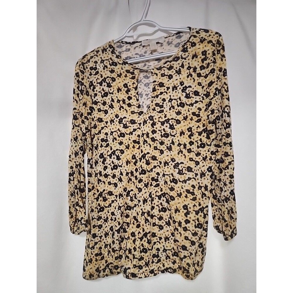 Women's Michael Kors Shirt Size Small Yellow Blue Floral Keyhole Neck Stretch